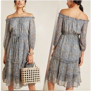 Anthropologie Kira Off The Shoulder Peasant Dress Blue Floral Size 14 NWTS
